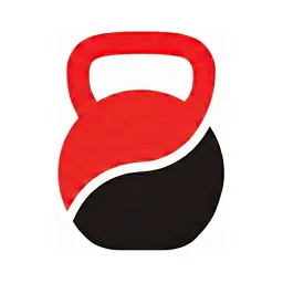 Stylized kettlebell icon with a red upper half and handle, and a black lower half separated by a white curved line.