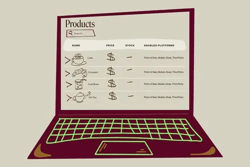Dripos menu builder screen showing a product list with prices