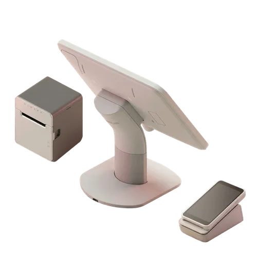 Dripos point-of-sale stand with attached card reader and mobile card reader