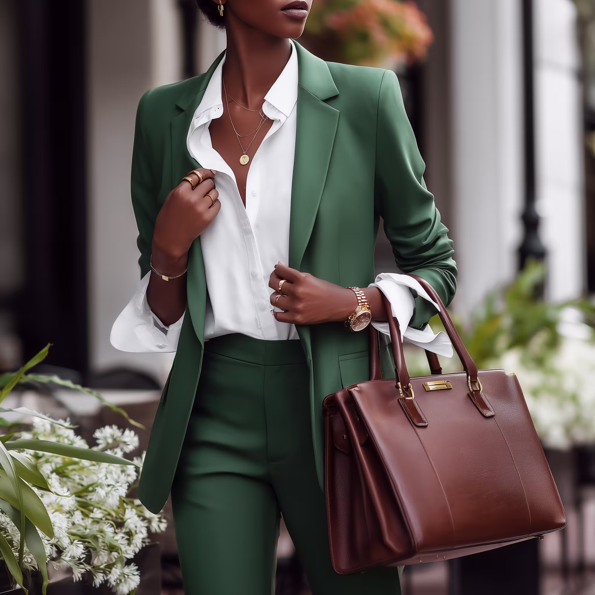 Elegant woman in a green pantsuit walking with confidence, representing the professional vitality and executive presence of women in perimenopause.