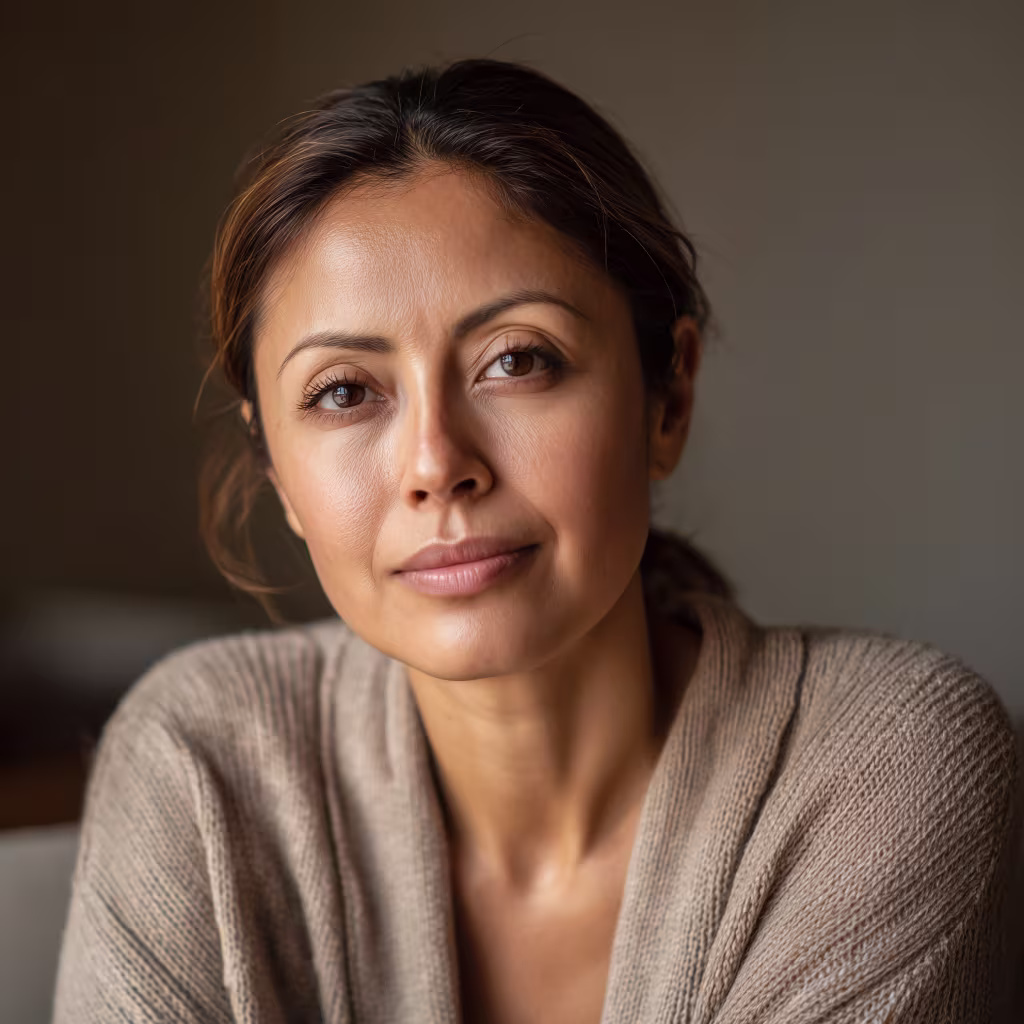 Serious Mexican American professional woman staring directly into the camera, representing the 25% of women leaders considering leaving the workforce due to unsupported perimenopause symptoms.