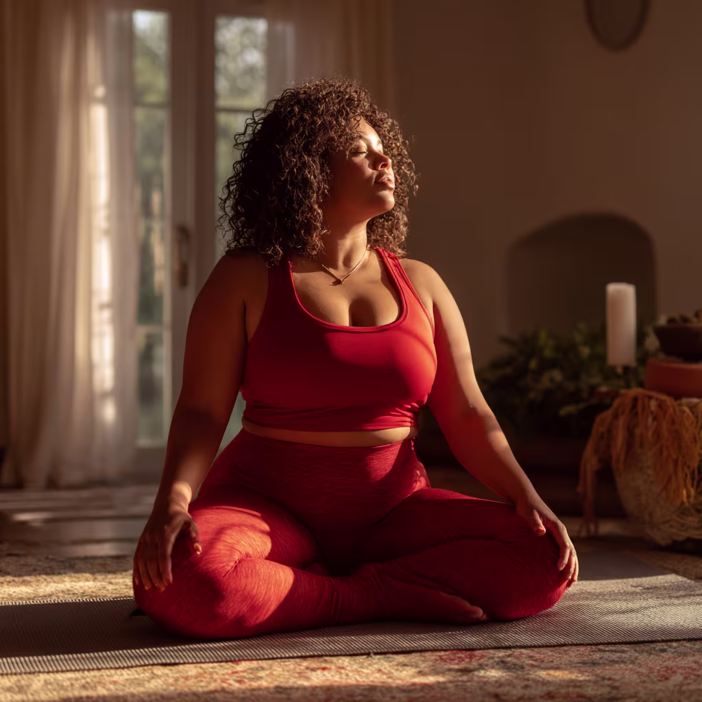 Biracial woman in a relaxed yoga pose in her apartment, representing the integration of practical perimenopause tools and emotional support into a leader's daily life.