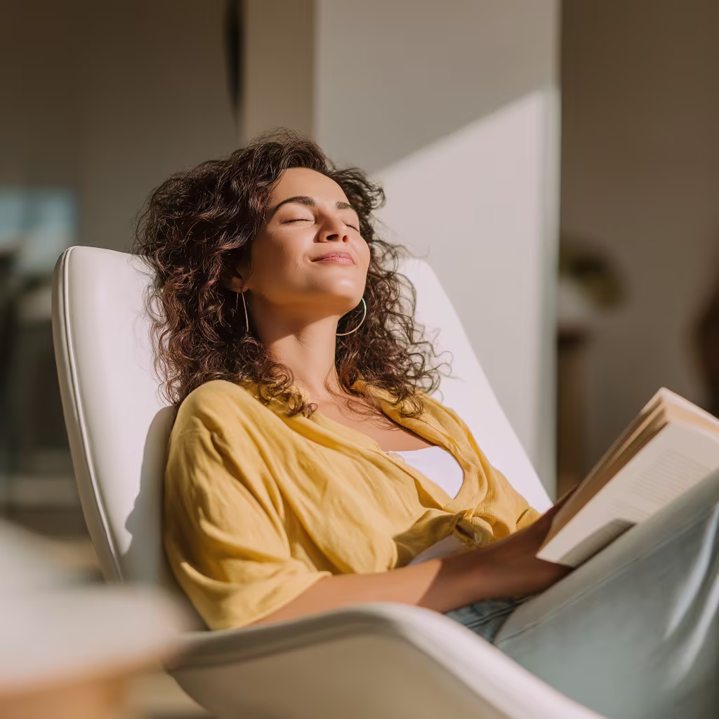 Relaxed Latina woman sunning herself on a backyard deck chair with a peaceful expression, representing the mental clarity and restored wellbeing found through The Peri Nation’s coaching.