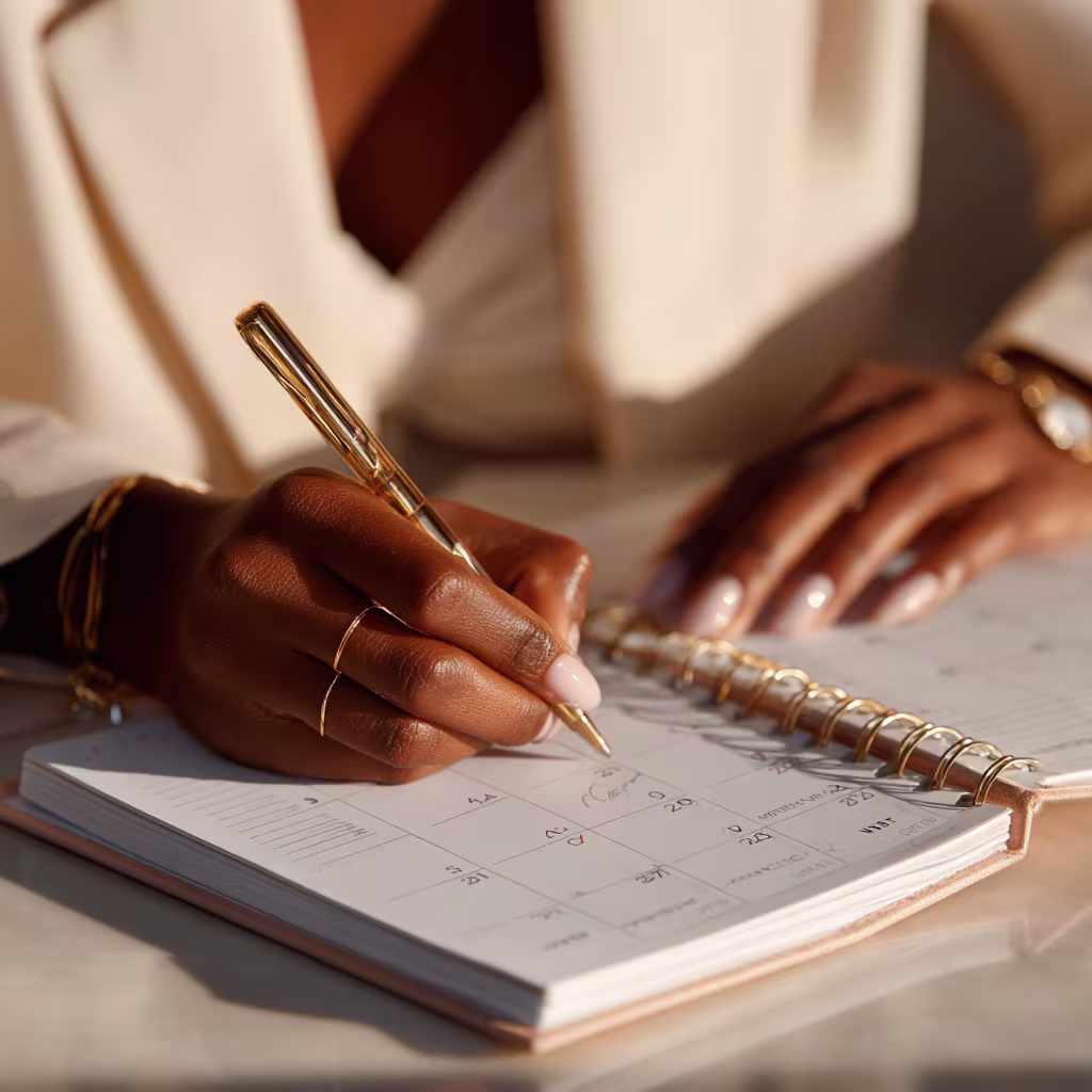 Close-up of a professional woman's hands writing intentionally at a desk, representing the start of a personalized perimenopause strategy and leadership self-audit.