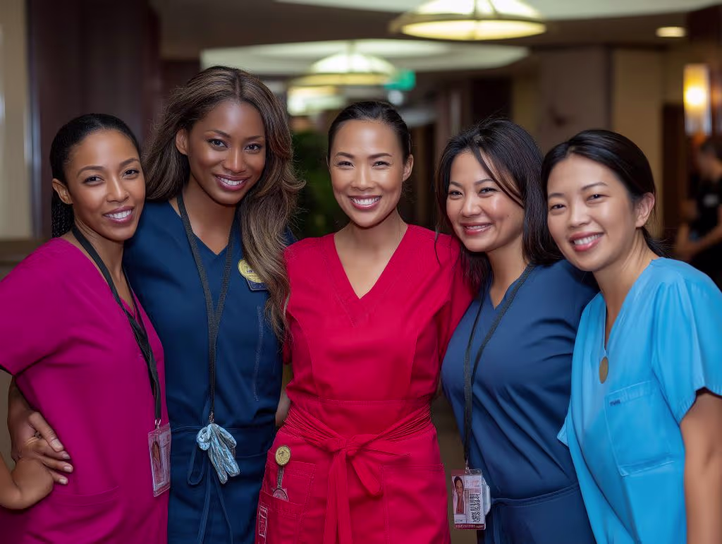 A diverse team of nurses in scrubs talking together, representing the healthcare professionals navigating perimenopause while caring for others.