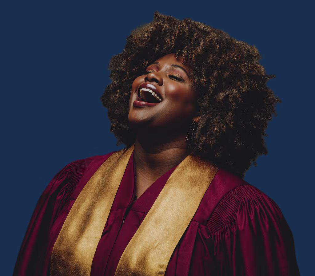 A woman lead singer performing a solo in a choir, representing the voice, soul, and creative power of women in transition.