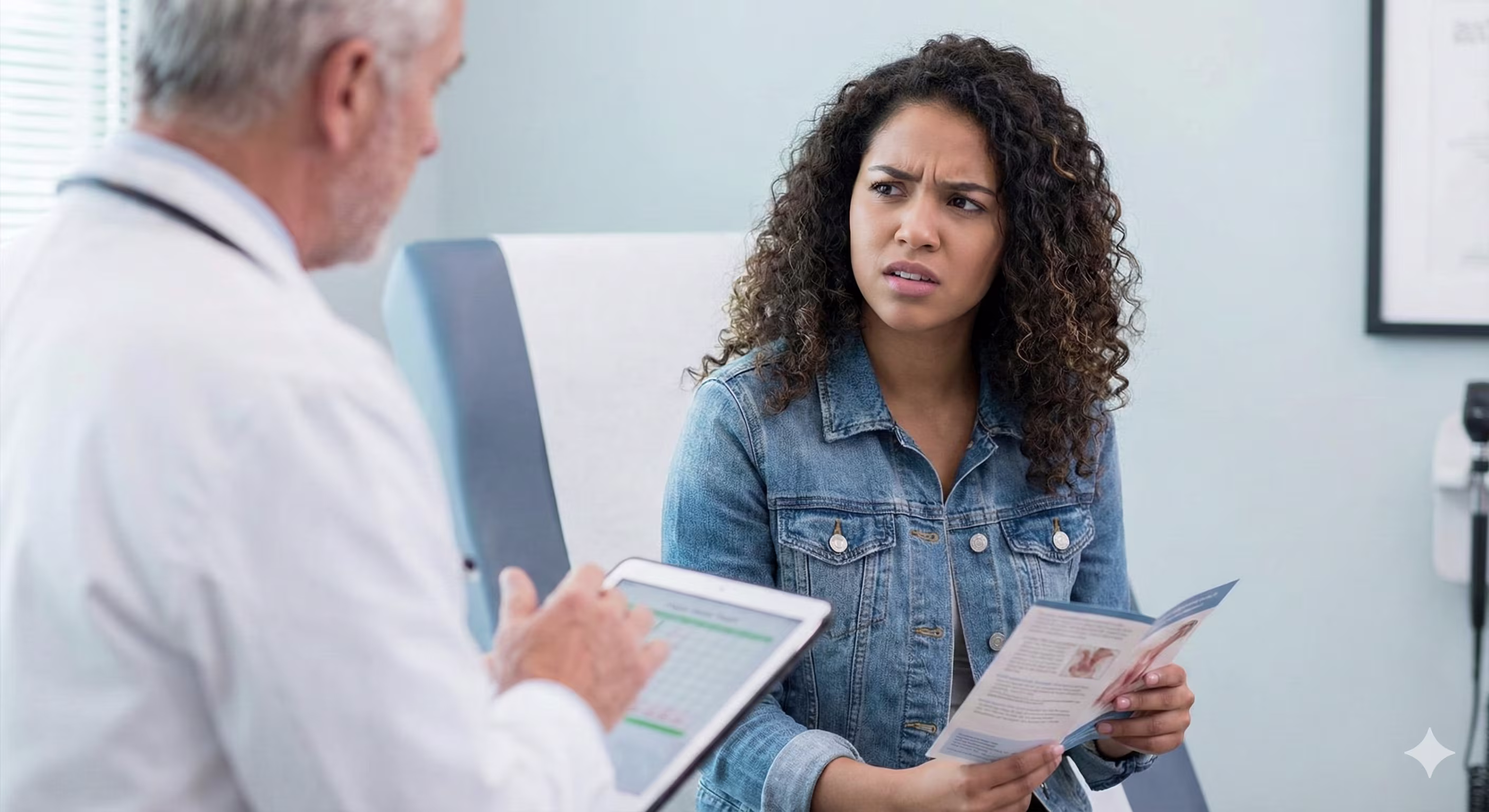 Frustrated Latina woman sitting in a doctor's office, representing the medical dismissal and support gap for WOC in perimenopause.