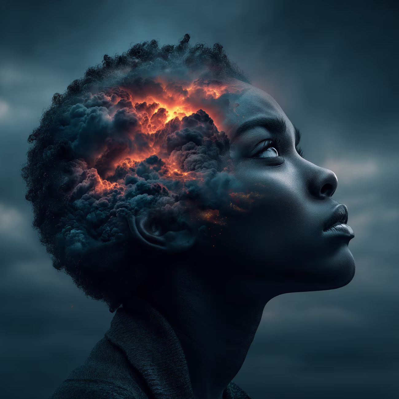 A surreal image representing a Black woman experiencing brain fog at work