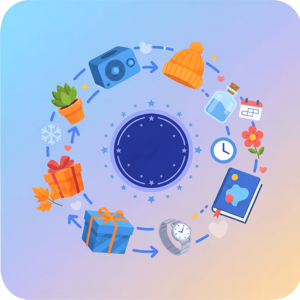 products going around in a circle. Plants, radio, hat, books, watches, and gift boxes