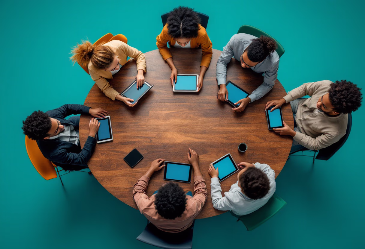 image of a teacher interacting with students using digital tools (for edtech)