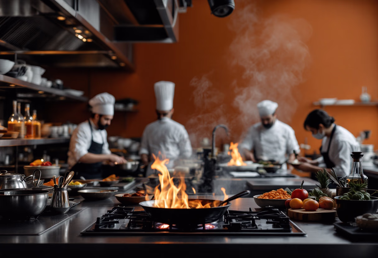image of kitchen during service (for a fine dining restaurant)