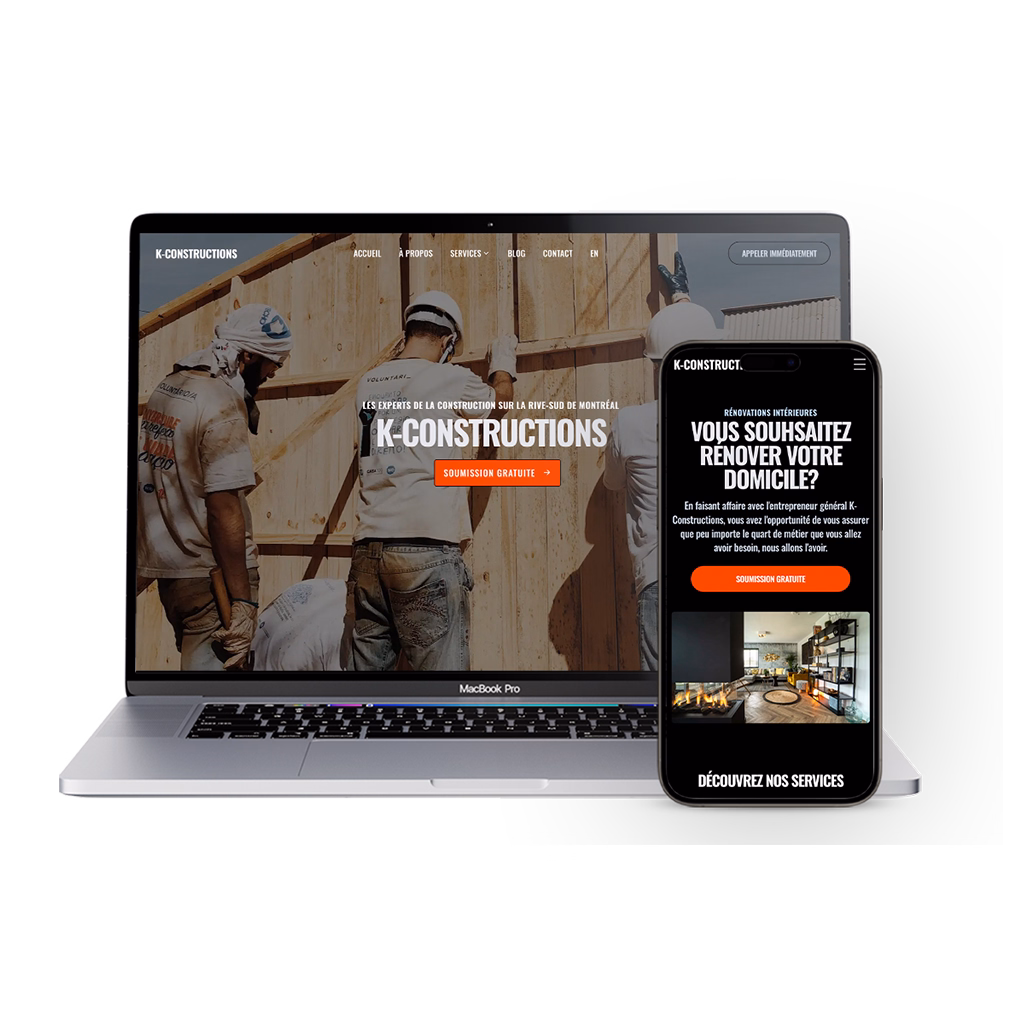 MacBook Pro and smartphone displaying K-Constructions website with images of construction workers and home renovation services.