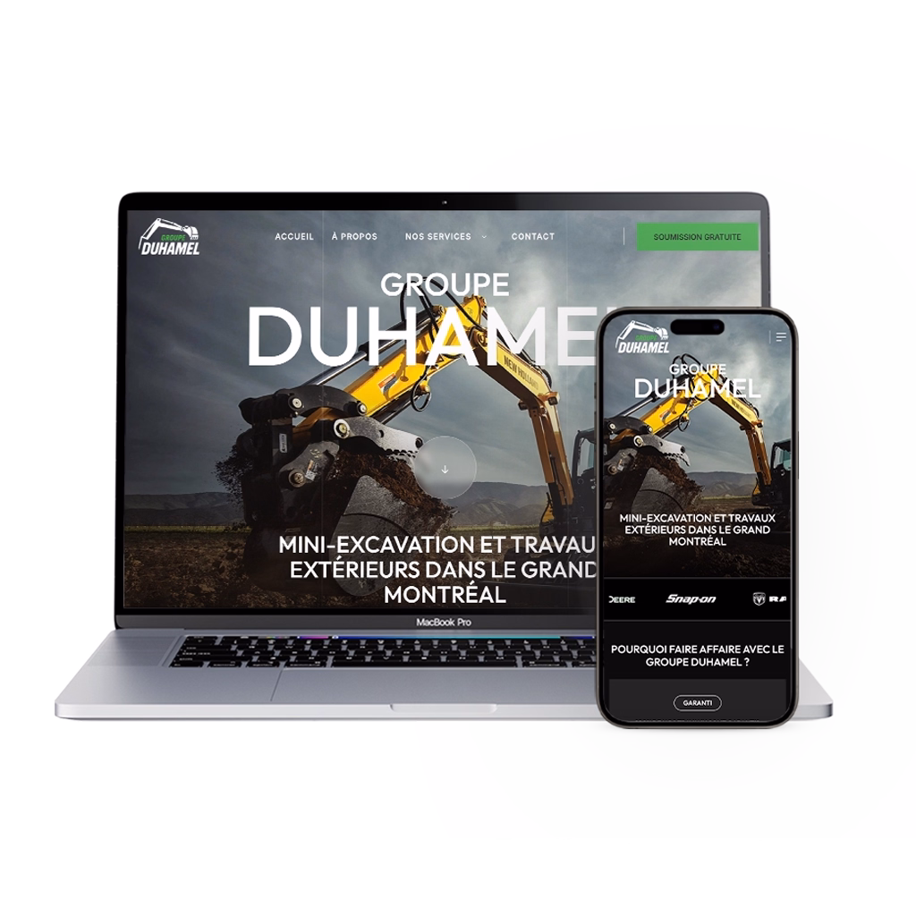 Laptop and smartphone displaying Groupe Duhamel website with an excavator and text about mini-excavation services in Greater Montreal.