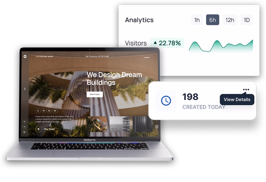 MacBook Pro displaying architecture website with text 'We Design Dream Buildings', alongside analytics showing 22.78% visitor increase and 198 items created today.