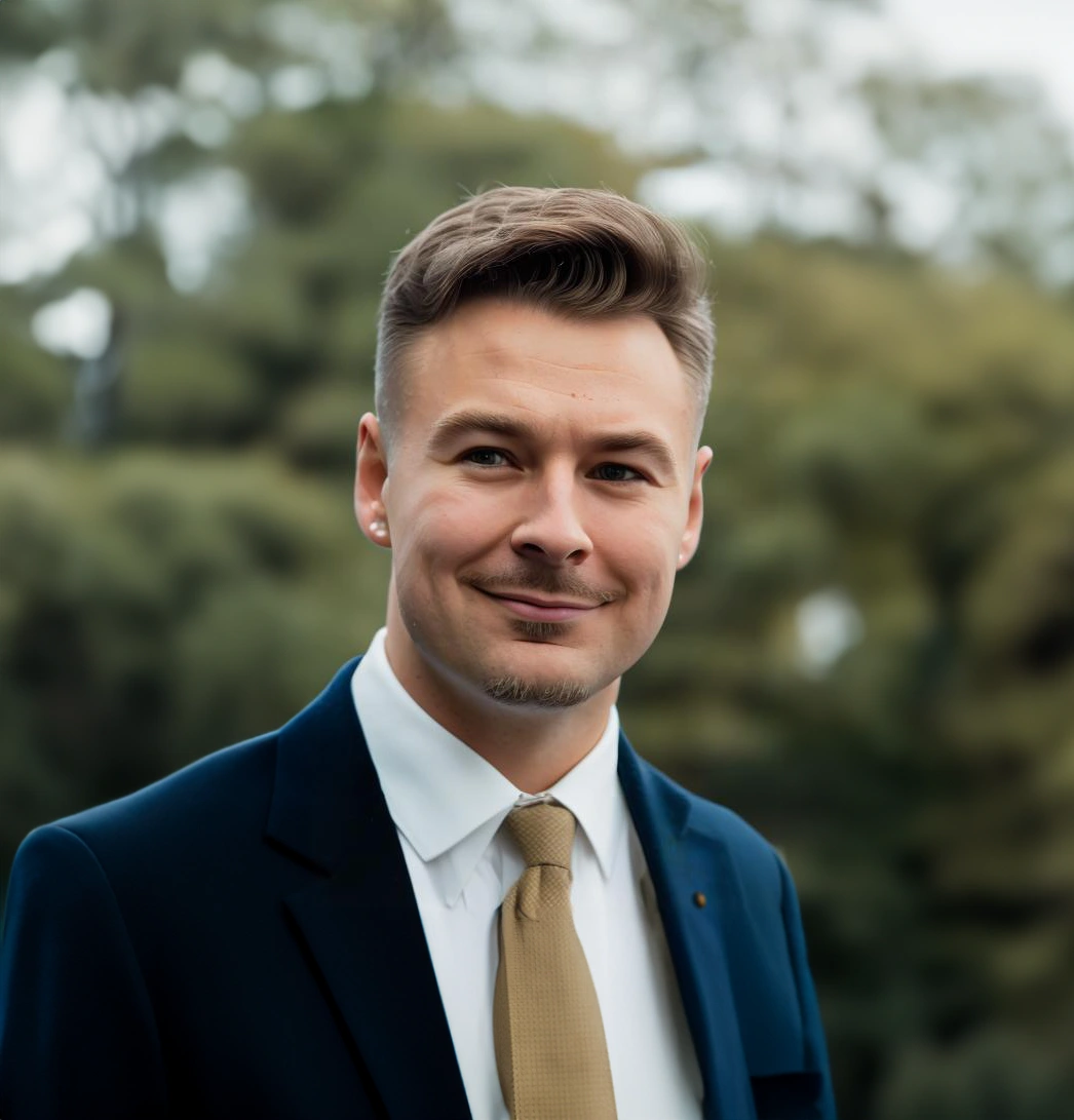 Smiling man with short styled hair wearing a dark suit jacket, white shirt, and beige tie outdoors with blurred greenery background.