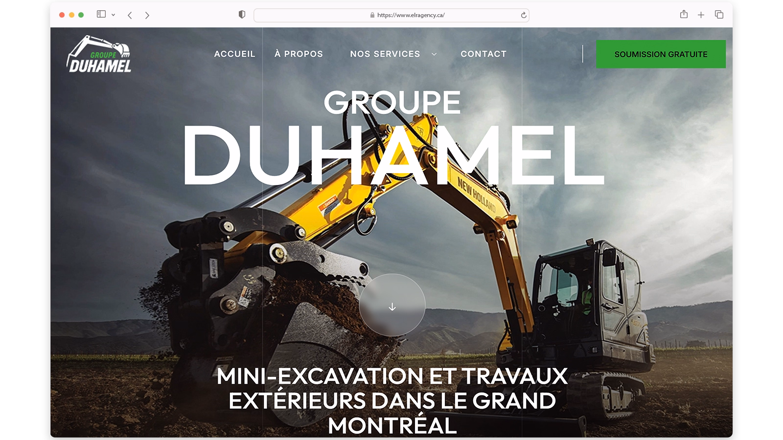 Yellow New Holland mini-excavator digging in a field under a cloudy sky with Groupe Duhamel branding and French text about excavation services in Greater Montreal.