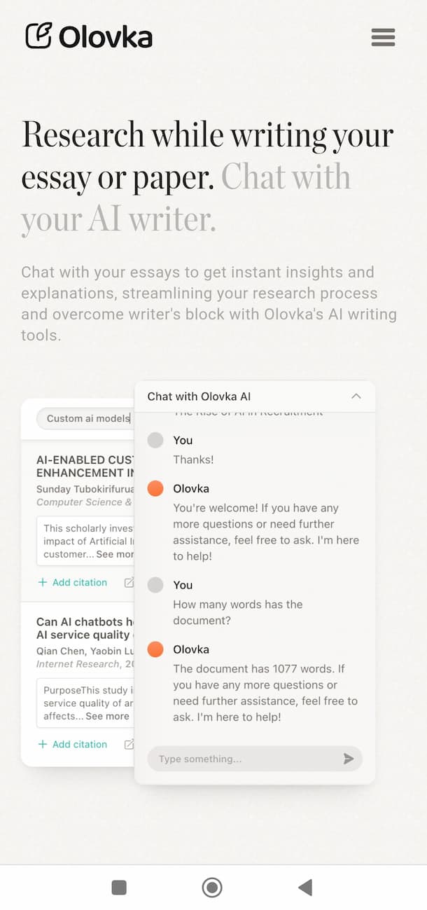 Olovka app interface showing messaging chat with an AI writer that provides writing assistance and document word count details.