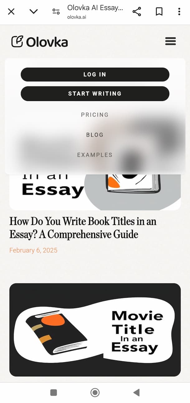 Screenshot of Olovka website menu with options log in, start writing, pricing, blog, and examples visible, plus article titled 'How Do You Write Book Titles in an Essay? A Comprehensive Guide' dated February 6, 2025, and an illustration with a book and text 'Movie Title In an Essay'.