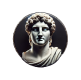 Marble bust of a Roman man with curly hair and a serious expression on a black background.