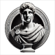 Bust of a classical Roman statue with curly hair and a draped toga on a circular black background.