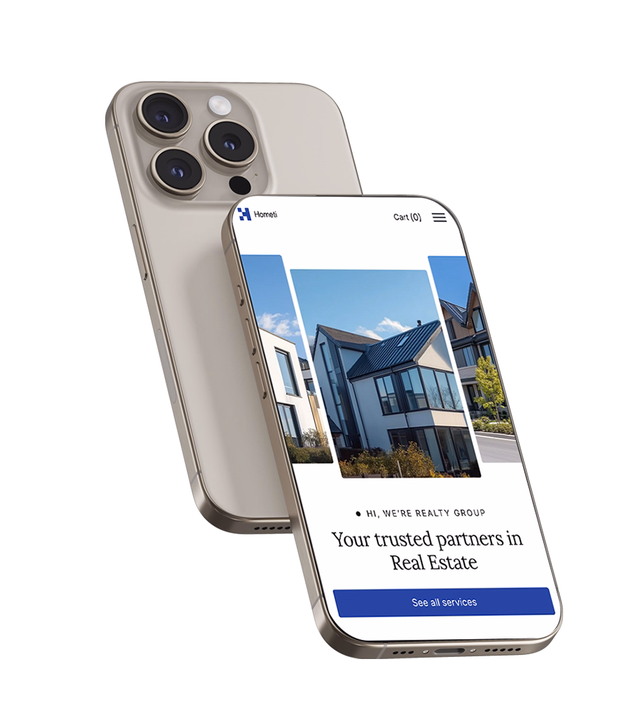 Smartphone displaying a real estate website with images of modern houses and text 'Your trusted partners in Real Estate'.