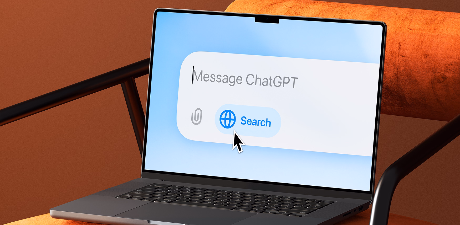 Laptop screen displaying chat input with the words 'Message ChatGPT' and a cursor hovering over a blue 'Search' button with a globe icon.