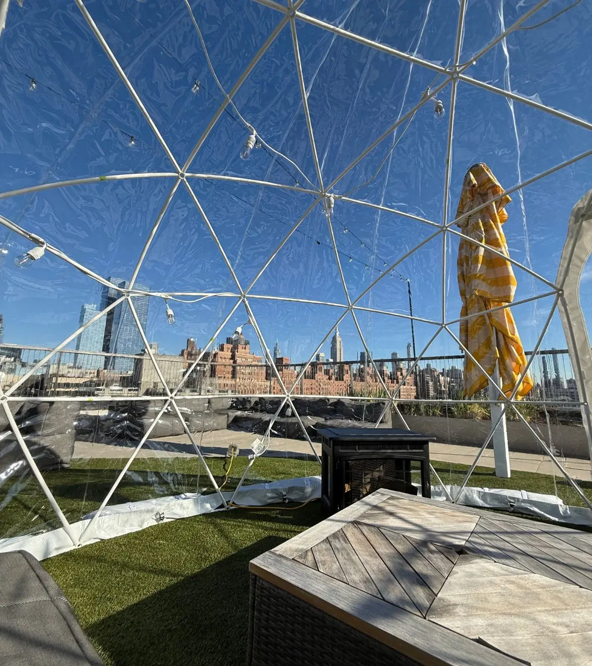 Rooftop event igloo with New York City skyline views