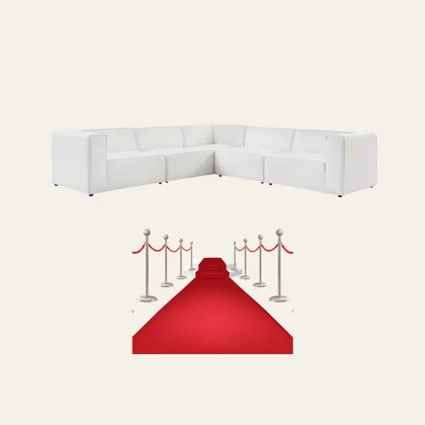 VIP igloo rental with white lounge seating and red carpet entrance setup