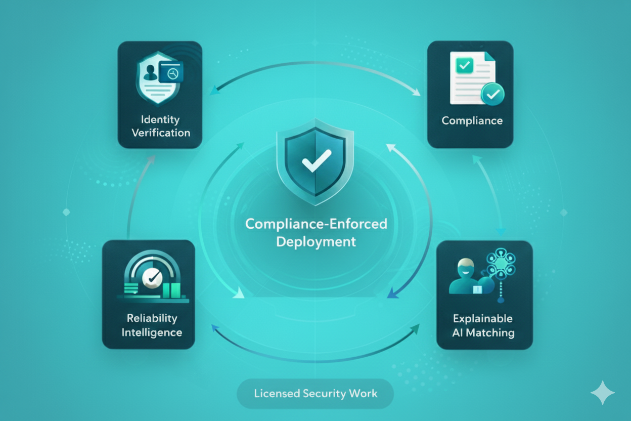 Diagram showing Compliance-Enforced Deployment at the center with four surrounding elements: Identity Verification, Compliance, Explainable AI Matching, and Reliability Intelligence, linked by circular arrows labeled Licensed Security Work.