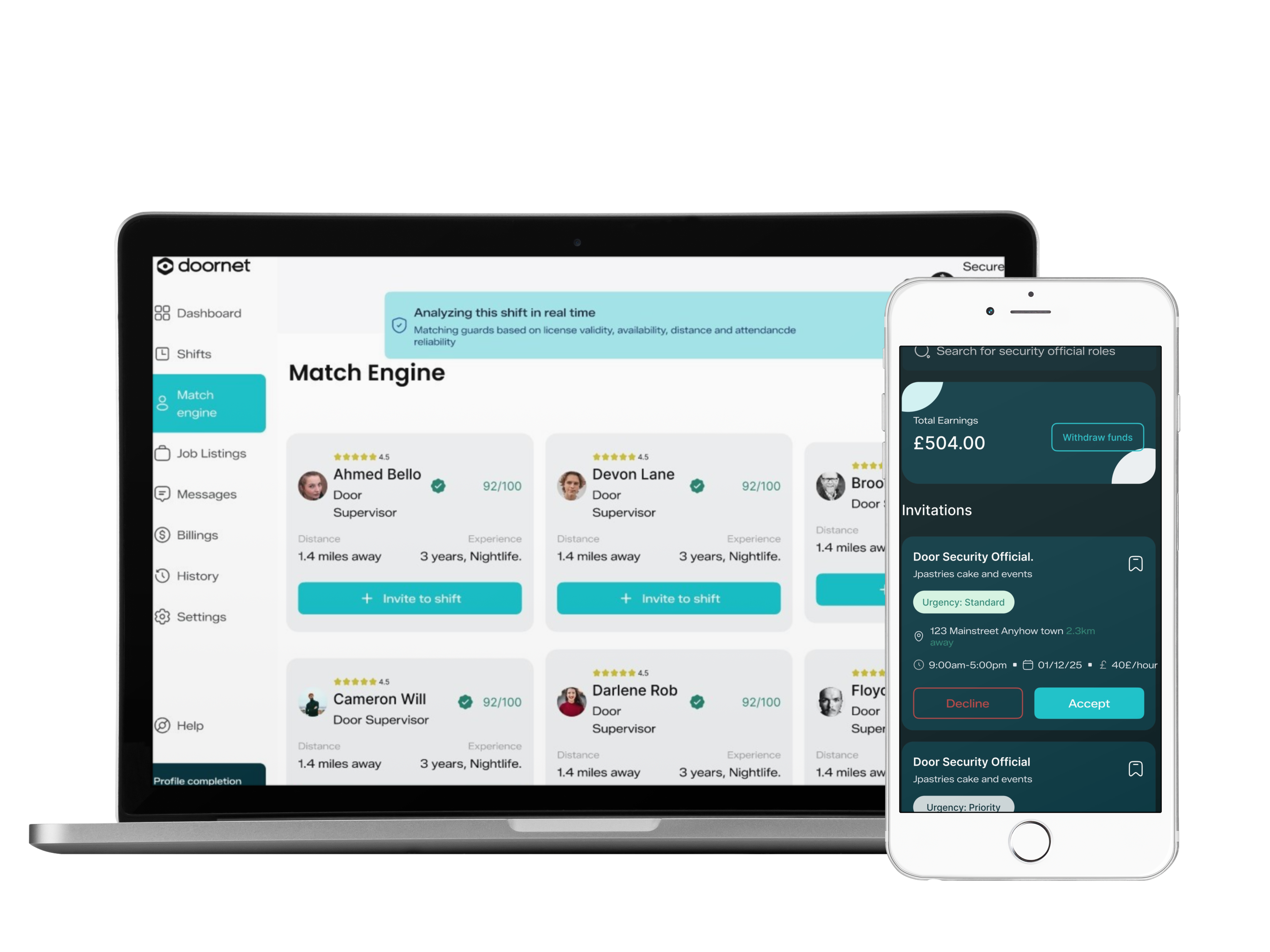 Laptop displaying a 'Match Engine' dashboard with security guard profiles and a smartphone showing total earnings and job invitations for door security roles.