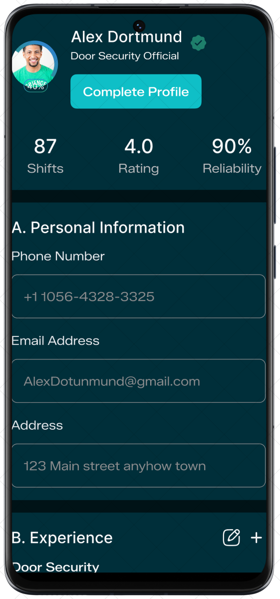 Mobile screen showing profile of Alex Dortmund, Door Security Official, with 87 shifts, 4.0 rating, 90% reliability, and personal information including phone number, email, and address.