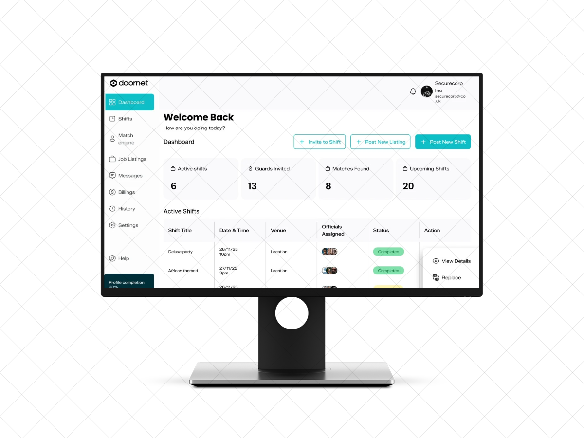 Computer monitor displaying a Doornet dashboard with active shifts, guards invited, matches found, and upcoming shifts summary.