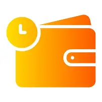 Orange wallet icon with a clock symbol on the upper left side.