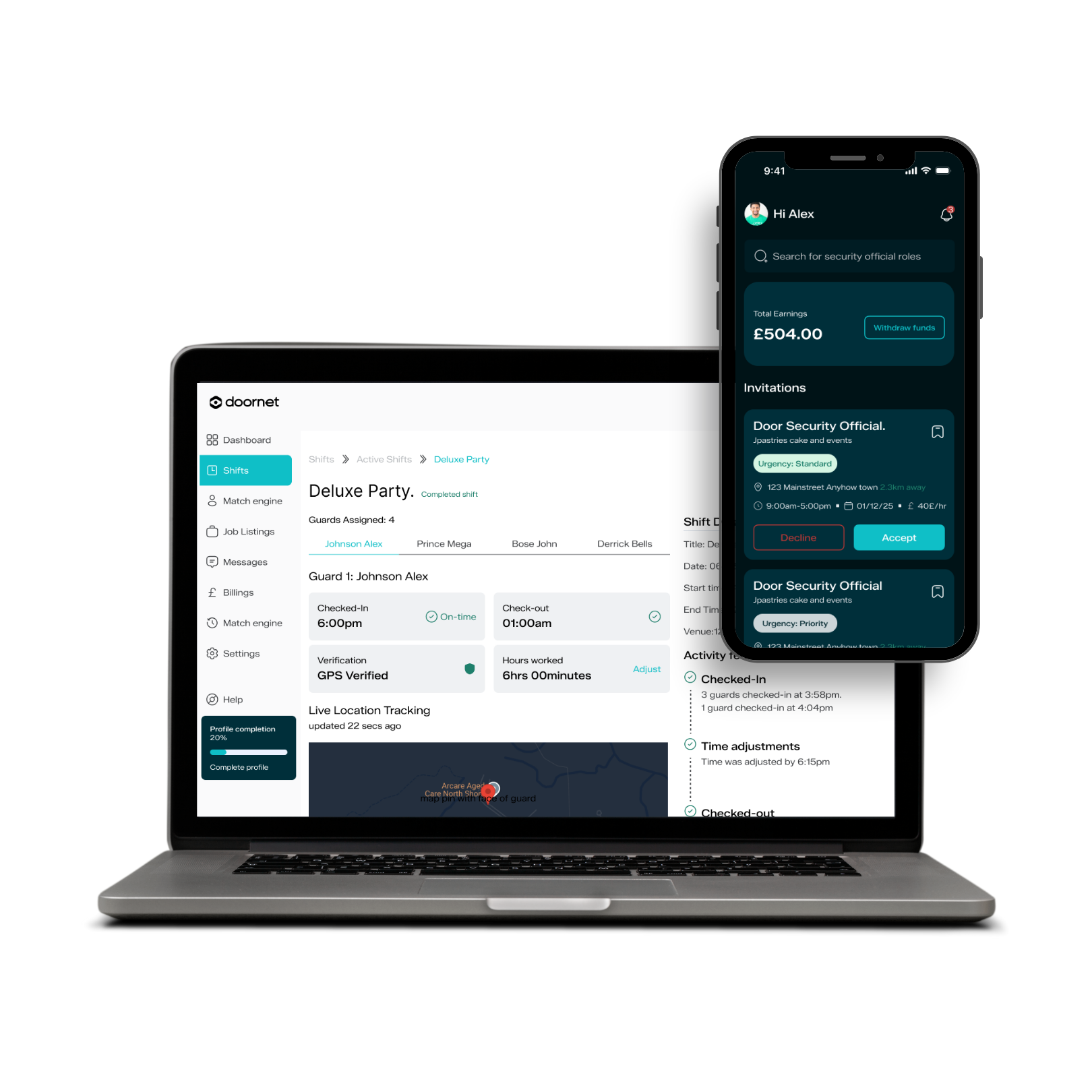 Laptop displaying DoorNet security guard management dashboard alongside phone showing job invitations and earnings balance.