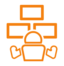 Orange line icon of a person sitting in front of three connected screens or windows.