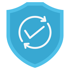 Blue shield icon with a circular checkmark surrounded by two rotating arrows.