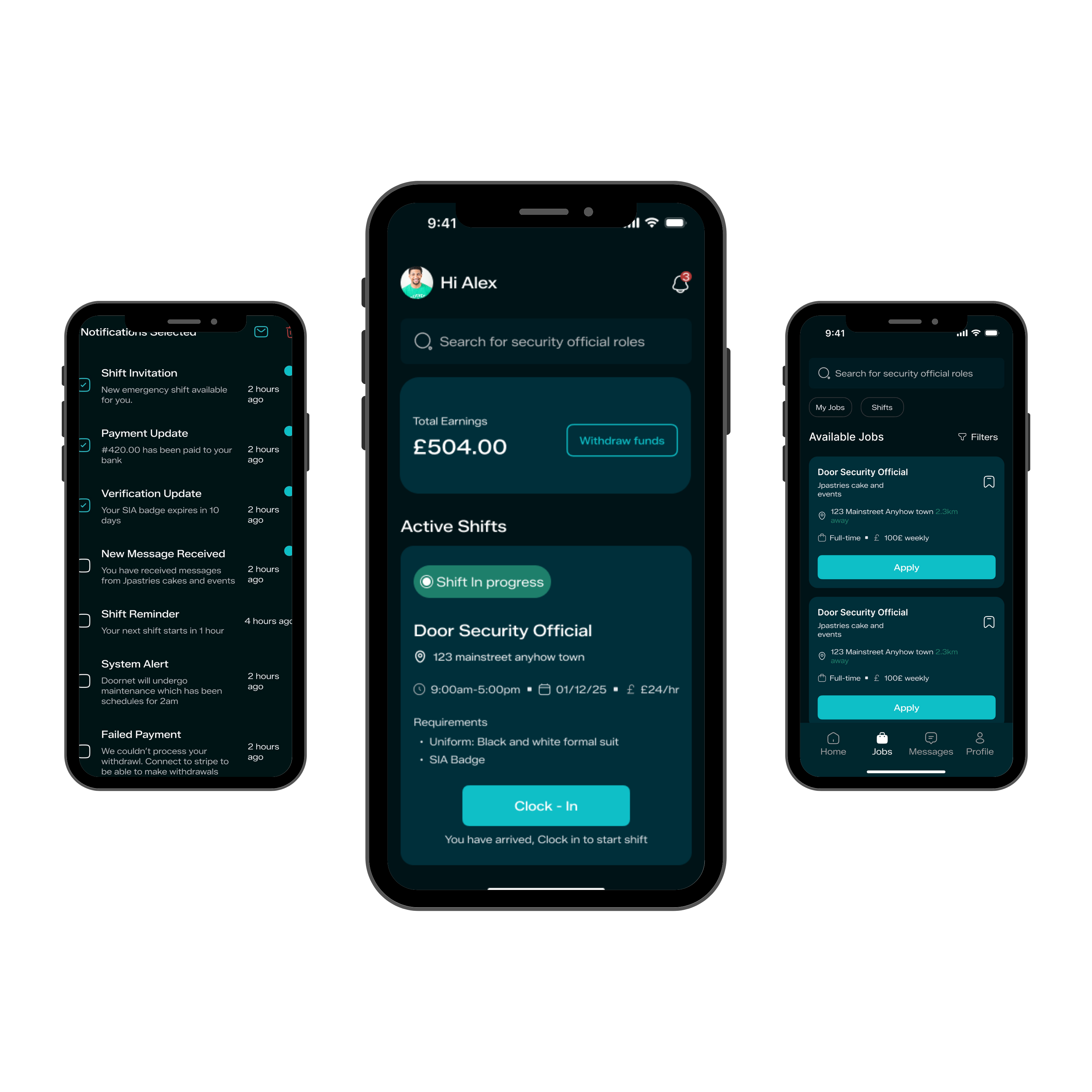 Smartphone and tablet displaying a security job app with notifications, job offers, and payment updates.