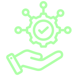 Hand holding a gear with connected nodes and a checkmark inside the gear.