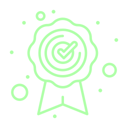 Green line art icon of a quality assurance badge with a checkmark in the center and decorative circles around it.