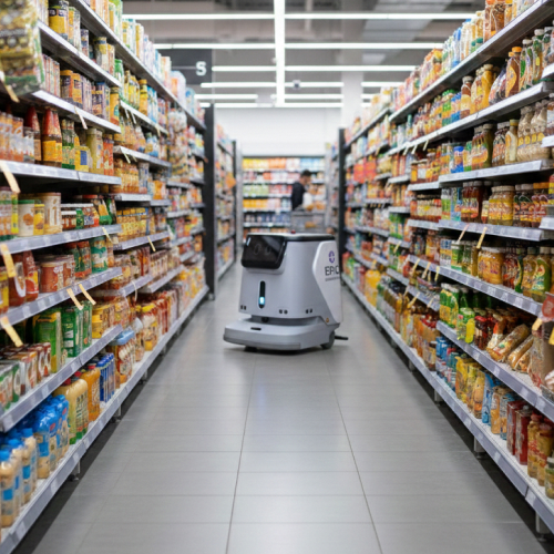 Epic Robotics PUDU CC1 autonomous cleaning robot navigating supermarket aisle between product shelves