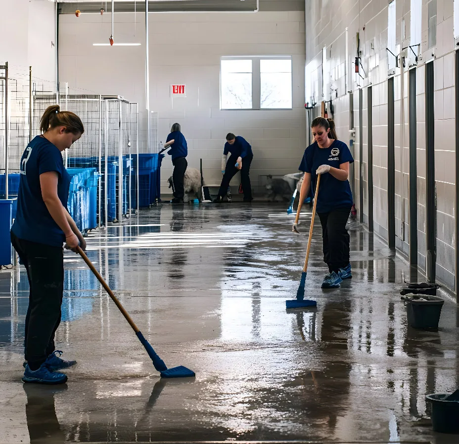 Warehouse cleaning team mopping large industrial floor highlighting rising labor costs in Canadian facilities