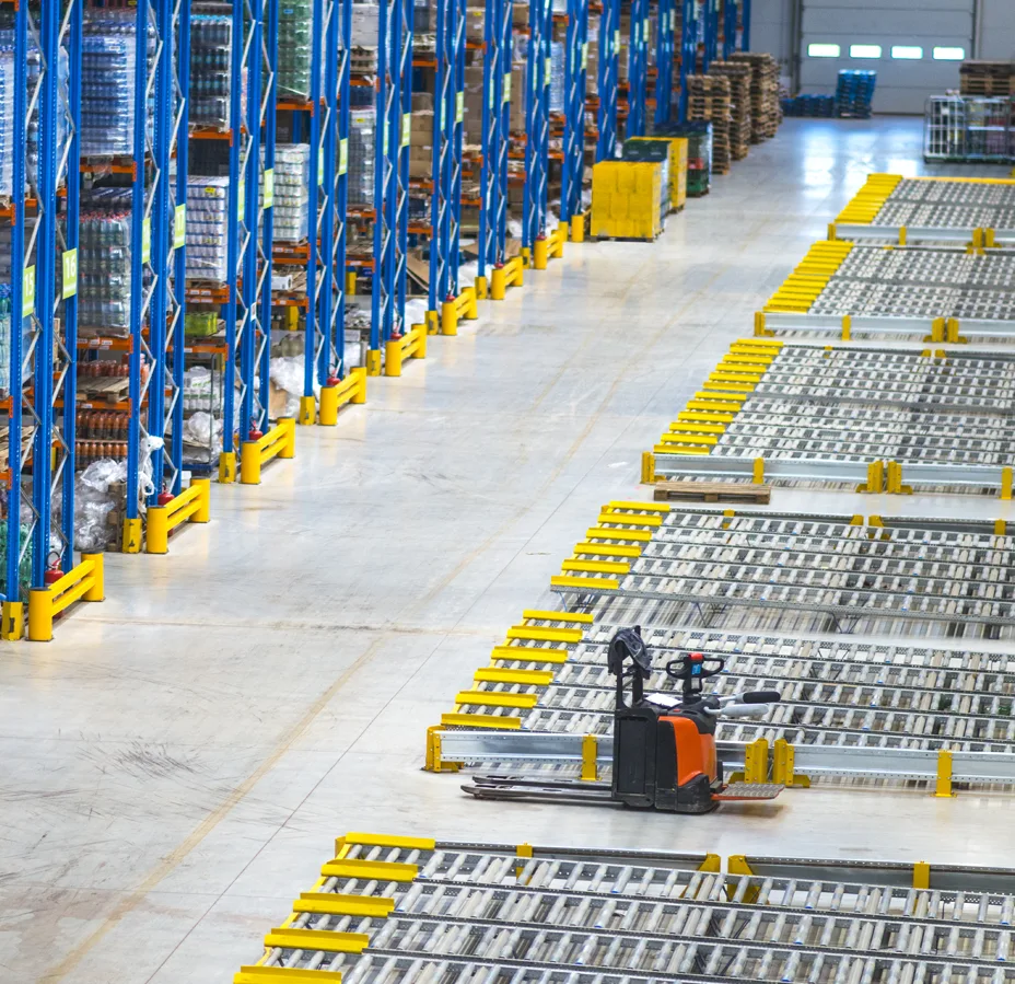 Large warehouse distribution centre with tall storage racks and pallet truck showing scale of floors requiring automation
