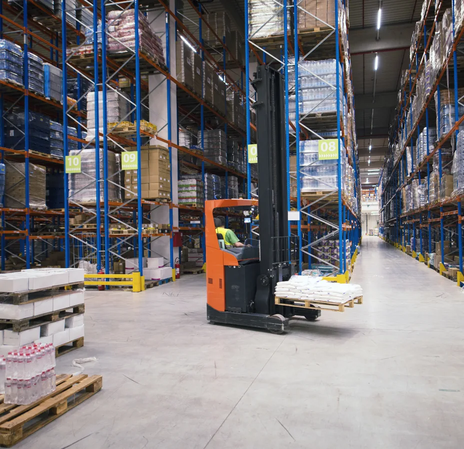 Forklift operating through narrow warehouse aisle between tall shelving racks creating safety risk for cleaning staff
