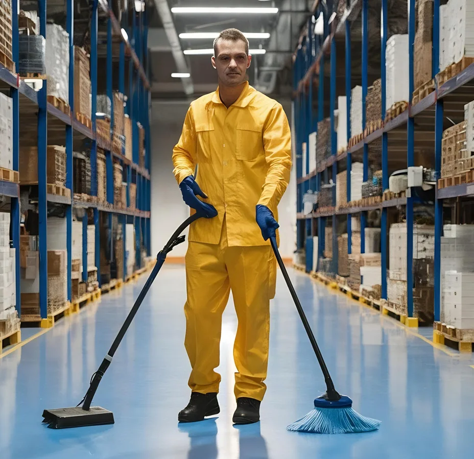 Single warehouse cleaner in yellow suit mopping large aisle alone illustrating how staff changes drop cleaning standards