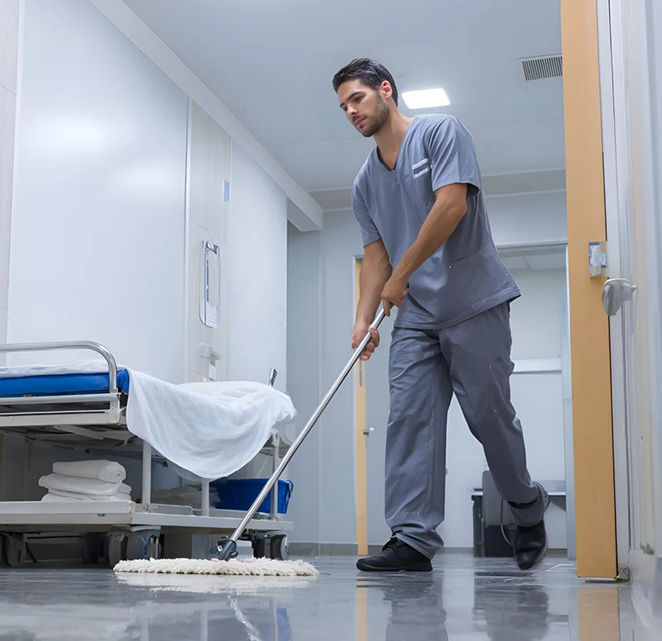 Hospital cleaner mopping floor near patient bed and equipment