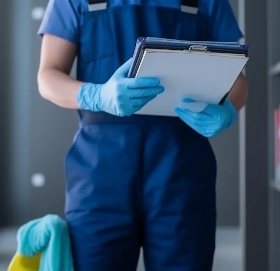 Healthcare cleaner holding clipboard with no digital cleaning record