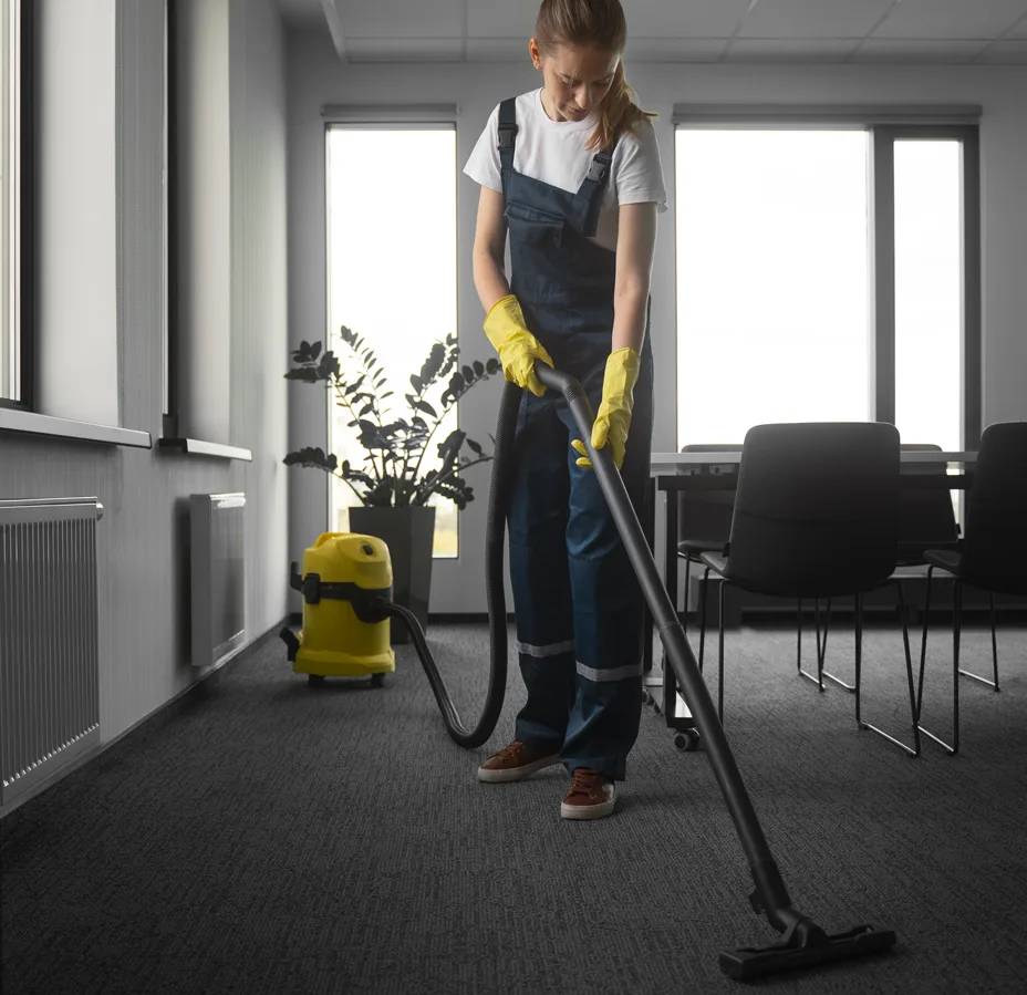 Single cleaner alone in large dark empty office space