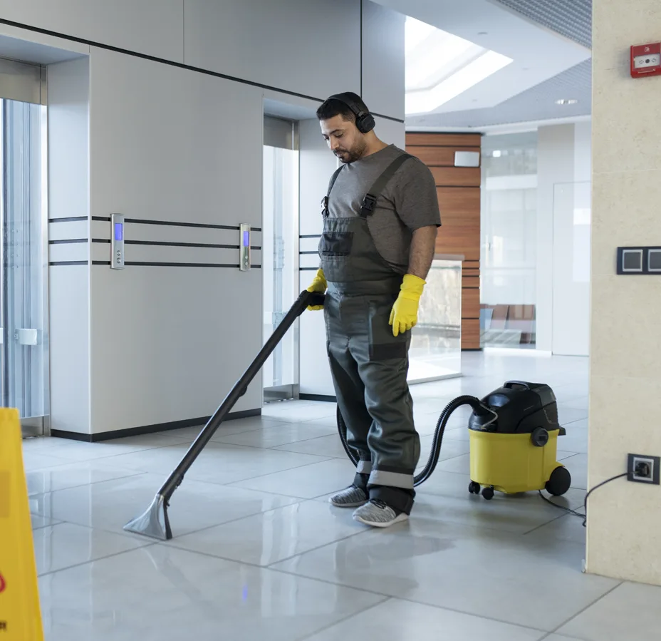 Office lobby cleaner with wet floor caution sign in high traffic area