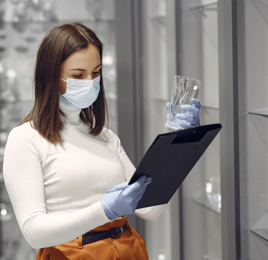 Facility inspector holding clipboard with gloves checking office cleanliness