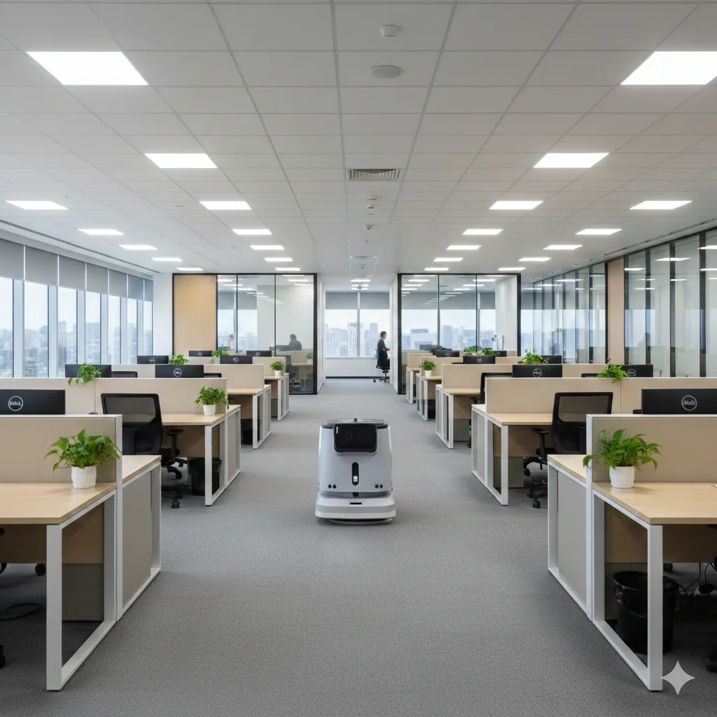 Autonomous office cleaning robot navigating between workstations in modern corporate office